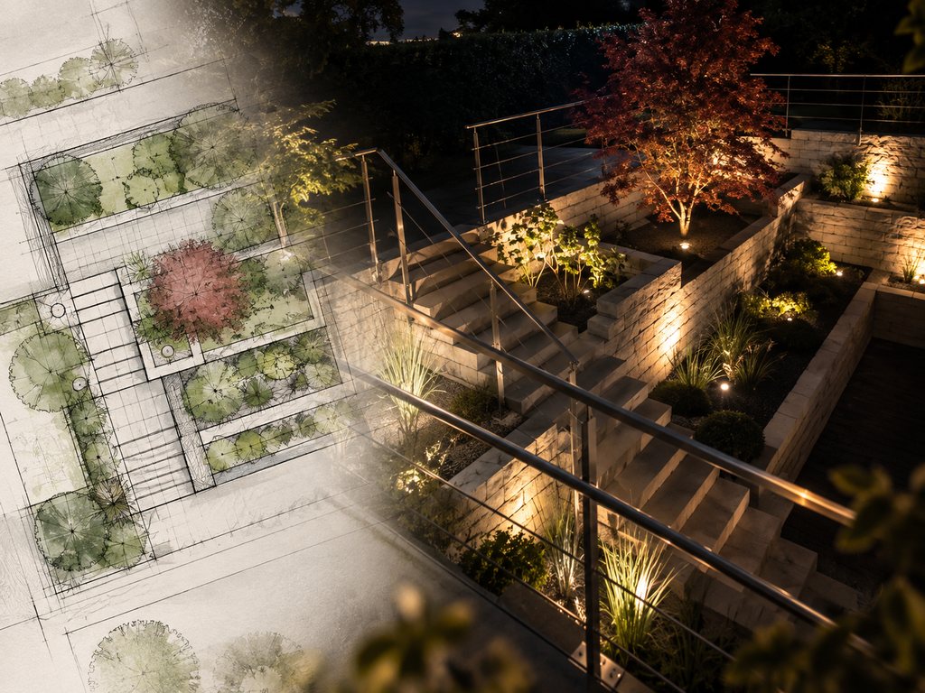 Gartenplanung in Stuttgart: Aquarell-Gartenplan mit Treppe und Hochbeeten geht in den fertigen Garten mit Natursteinmauern, Edelstahlgeländer und Gartenbeleuchtung bei Nacht über