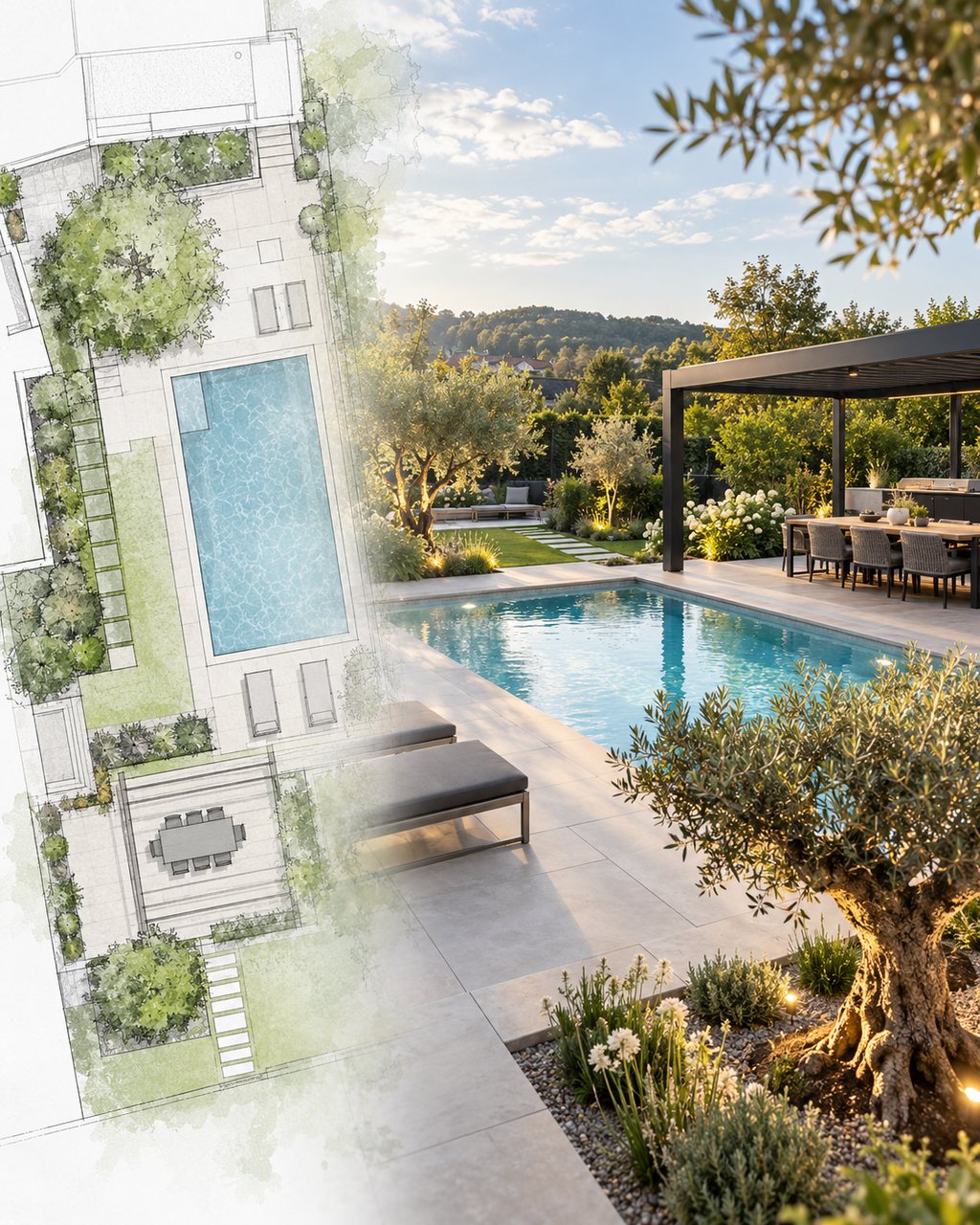 Gartenplanung mit Pool: Lageplan mit Poolbecken, Terrassen und Bepflanzung geht in den fertigen Garten mit Pool, Pergola und Olivenbaum über