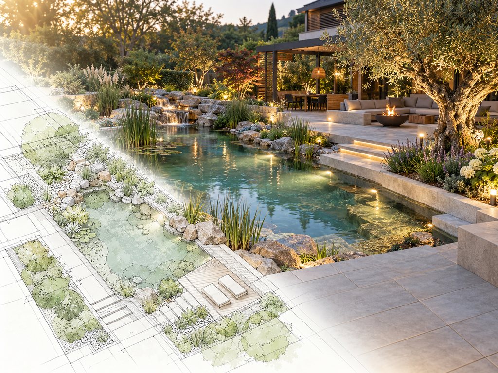Gartenplan mit Schwimmteich und Bepflanzung geht in den realisierten Naturgarten mit Teich, Wasserlauf, Natursteinen und Terrasse über