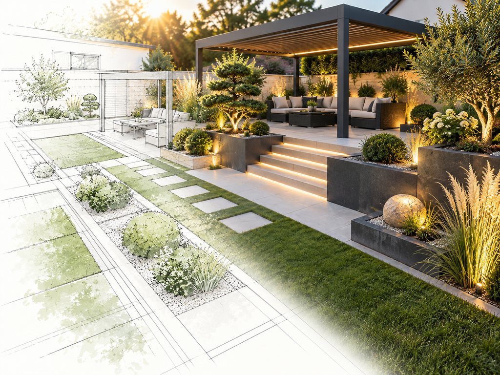 Skizze einer Terrasse mit Pergola, Trittplatten und Pflanzbeeten wird zum fertigen Garten mit beleuchteten Stufen, Hochbeeten und Lounge