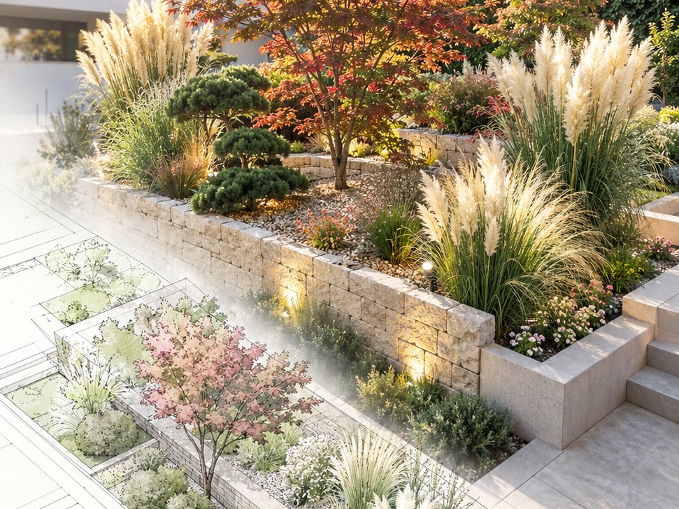 Vom Plan zum Garten: Skizze mit Pflanzbeeten geht in den fertigen Garten mit Natursteinmauer, Fächerahorn und Pampasgras über
