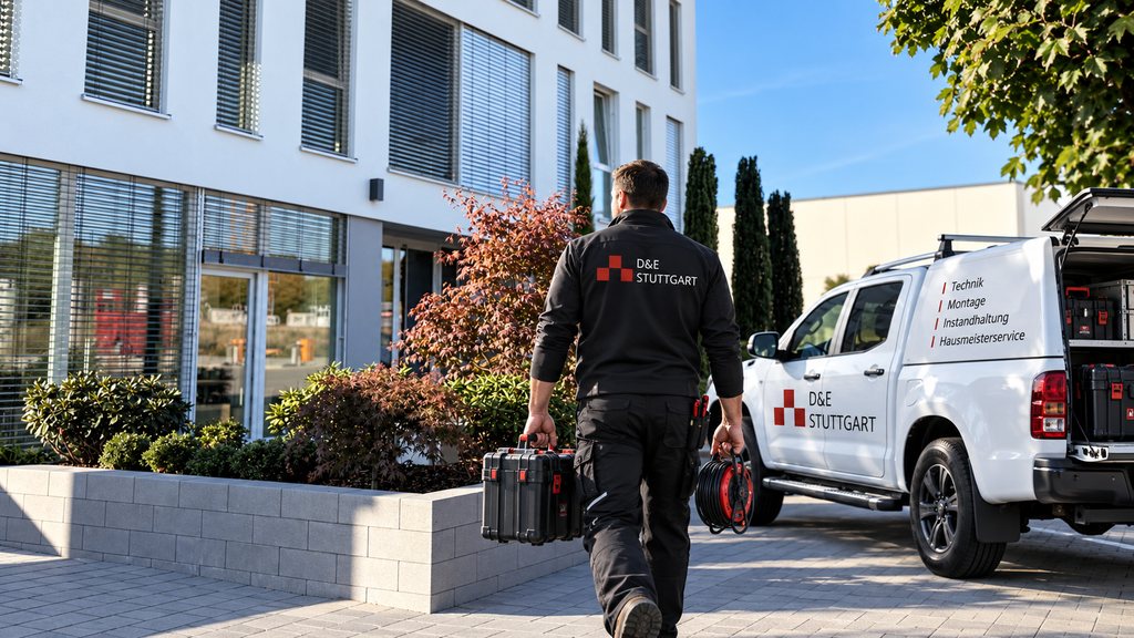 Hausmeister von D&E Stuttgart mit Werkzeugkoffer auf dem Weg zu einem Bürogebäude, daneben der Firmenwagen mit der Aufschrift Technik, Montage, Instandhaltung, Hausmeisterservice