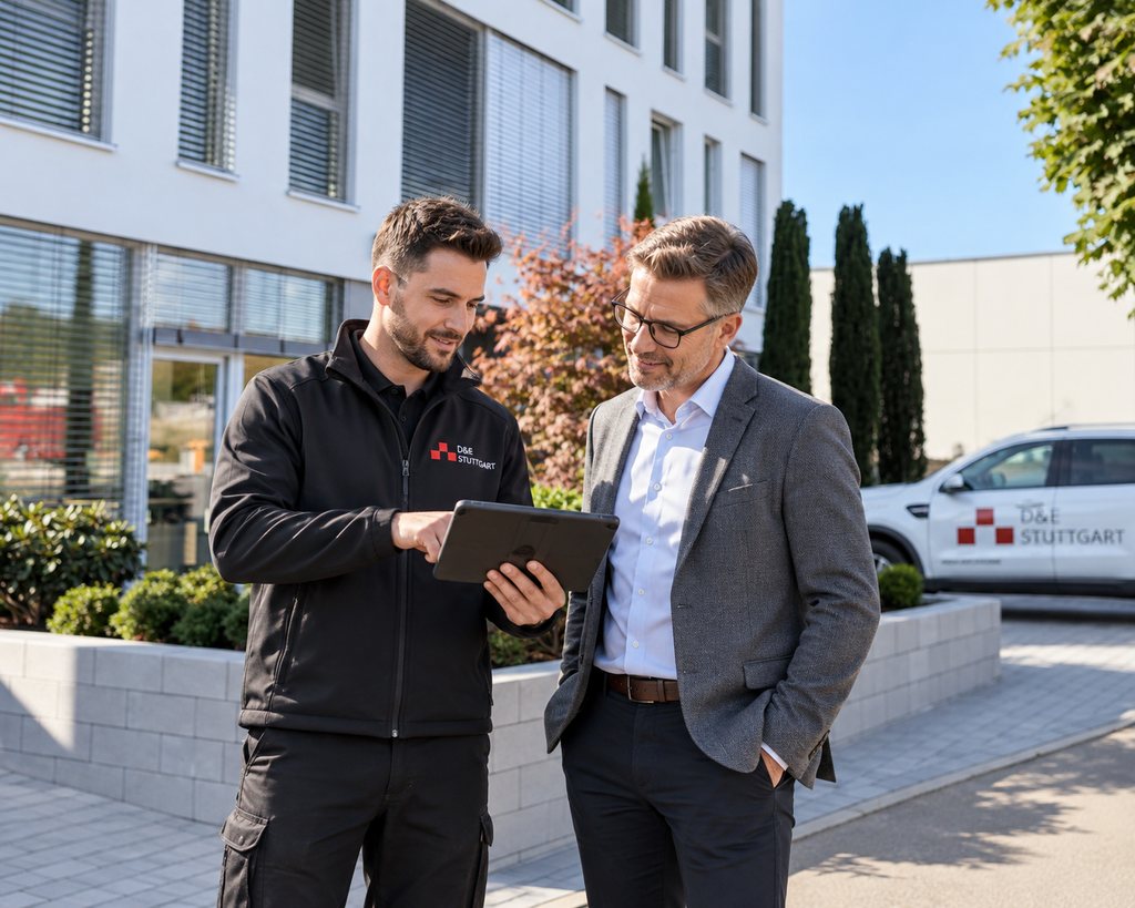 Mitarbeiter von D&E Stuttgart bespricht mit einem Kunden am Tablet die Betreuung des Firmengebäudes