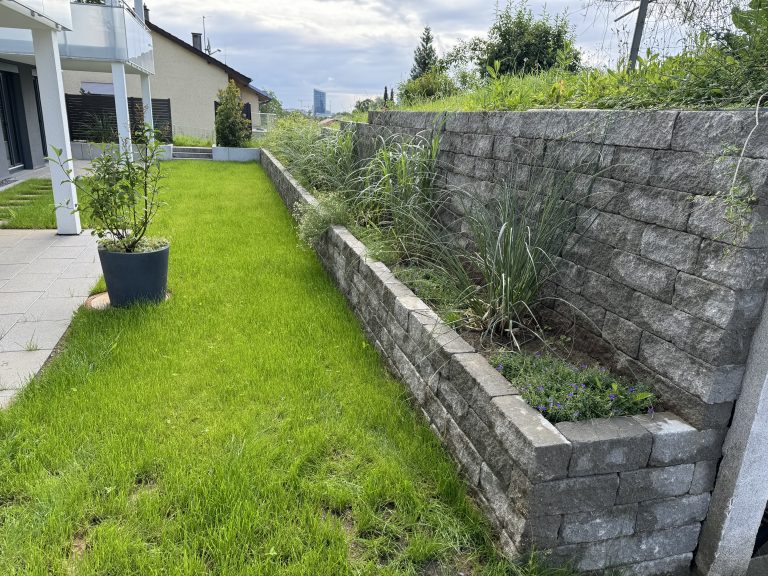 Schmaler Rasenbereich unterhalb einer Natursteinmauer am Wohnhaus.