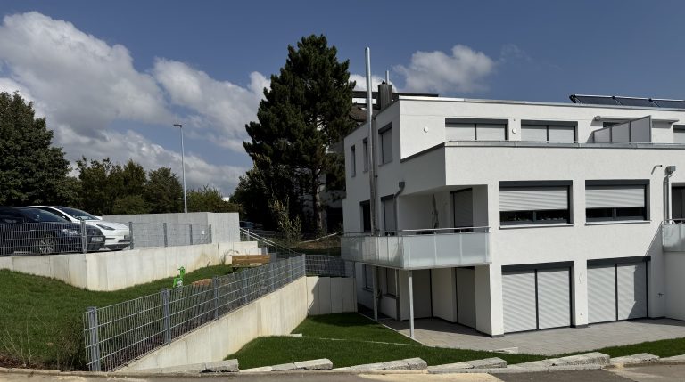 Moderne Wohnanlage mit Rasenböschung und hohen Stützwänden.
